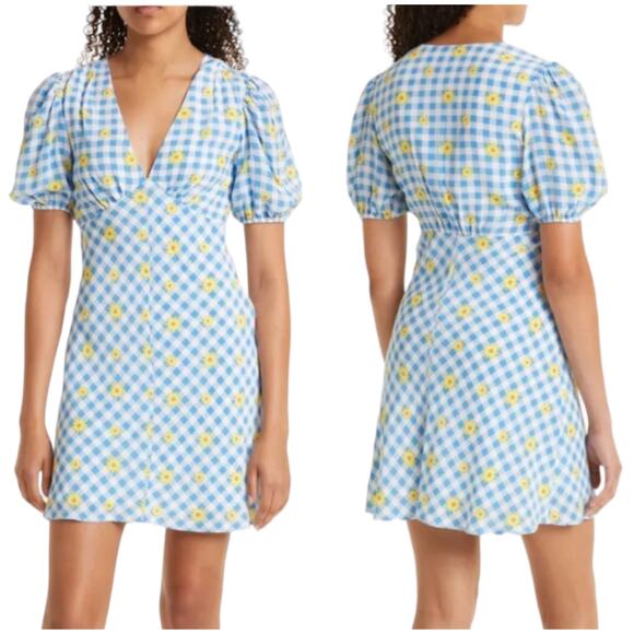 STAUD Dresses & Skirts - Staud NWT Milla Dress Gingham Daisy Plaid Blue White Floral Puff Sleeve Size 2